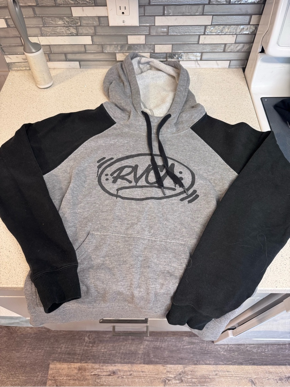 RVCA Gray and Black Logo Hooded Pullover